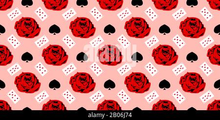 Spielen von Karten nahtloses Muster. Rote Rose auf pinkfarbenem Hintergrund. Stockfoto