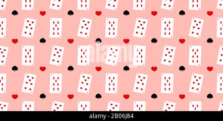 Nahtloses Muster mit Spielkarten. Rosafarbener Hintergrund. Alice im Wunderland. Casino. Glücksspiel Stockfoto