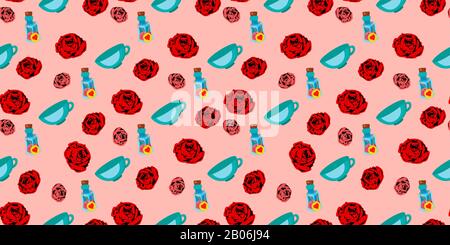 Spielen von Karten nahtloses Muster. Rote Rose auf pinkfarbenem Hintergrund. Stockfoto