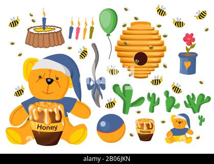Aufkleber Set Winnie Pooh. Spielzeug isoliert auf weißem Hintergrund. Plüschhexe. Blume in einem Topf. Elemente für Babykarten. Märchenhafte Helden. Buchchara Stockfoto