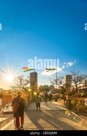 Ueno, japan - 02. januar 2020: Menschen, die auf der Steinbrücke Tenryu des Kaneiji-Tempels im Ueno-Park bei Sonnenuntergang, Tokio, Japan, spazieren gehen. Stockfoto