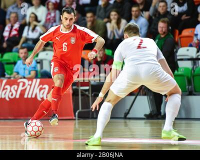 Lubin, POLEN - 2. DEZEMBER 2019: Futsal-Freundschaftsspiel zwischen Polen und Serbien 4:1. In Aktion Denis Ramic. Stockfoto