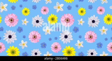 NAHTLOSES BLUMENMUSTER. Realistische Blumen. Helle Frühlings-Farben. Perfektes Textil- und Verpackungspapierdesign. Gerbera, Anemone, Leinen. Stockfoto