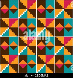 Ghana Afrikanische Stammes Kente Stoffstyle Vektor nahtloses Textilmuster, geometrisches Nwentom-Design in Orange, Rot, Braun und Türkis Stock Vektor