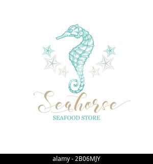 Seahorse Vector Logo für Fisch- und Meeresfrüchte-Shop. Seepferdchen und Seesterne aus hochwertigen Sternen mit goldener Kalligraphie in schmaler Linie mit Kunstdesign und Bleistiftschlüpferei Stock Vektor