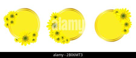 Runder Hintergrund für eine Beschriftung. Gelbes Muster mit Blumen. Design für Werbung oder Werbeaktionen, Verkauf. Frühlingsblumen. Abbildung isoliert o Stockfoto