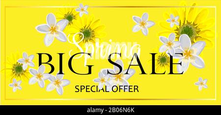 GROSSER VERKAUF. Banner für Werberabatte und Werbeaktionen. Frühlingsrabatte. Helles Design. Blumen auf gelbem Grund. Stockfoto