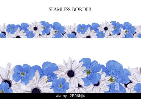 Nahtlose Blumenumrandung mit hellen Frühlingsblumen. Grenze für die Gestaltung von Textilien, Karten, Werbung. Isoliert auf einem weißen. Stockfoto