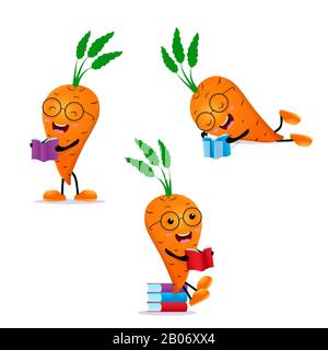 Karotte Student Reading Book Vector Set Illustration Stock Vektor