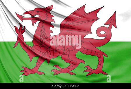 Realistische Flagge von Wales an den gewellten Oberfläche des Gewebes Stockfoto