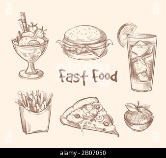 Fast-Food-Vektor in handgezeichneter Skizzenart. Burger und Hamburger, Pizza und Eiscreme Illustration Stock Vektor