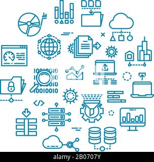 Big-Computer-Daten umreißen Vektorsymbole im Kreisdesign. Abbildung: Webverbindung und Prozessübertragung und Speicherung von Dokumenten Stock Vektor