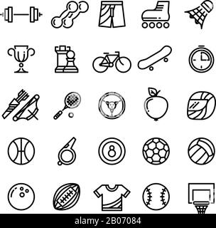 Sport Outline Symbole Sportgeräte dünne Linien Symbole. Bogenschießen und Badminton, Fußball und Basketball, Vektorgrafiken Stock Vektor