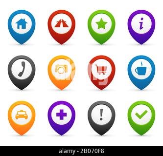 Zuordnen von Push PINs mit Ortungssymbolen für Web- und mobile Anwendungen. Vektor-Symbole Navigationssatz für die Reiseabbildung Stock Vektor
