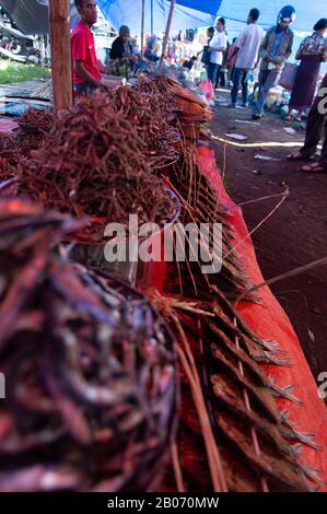 Indonesische Leute verkaufen Produkte auf dem Markt. Ruteng Dorf, Flores, Nusa Tenggara, Indonesien Stockfoto