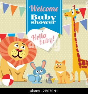 Baby Dusche Feier Grußkarte Einladung Vektor Vorlage. Darstellung von Kaninchen und Maus, Katze und Giraffe, Löwe und Häschen Stock Vektor