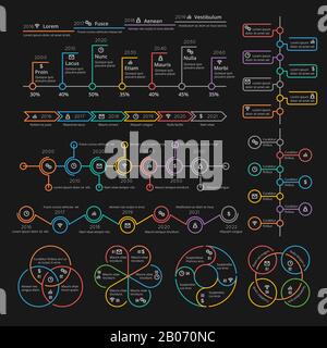 Infografieelemente für Unternehmen sammeln Vektor-Zeitpläne und Diagramme für Präsentationsbroschüre. Analysebericht und Diagramm, Farbinformationen zur Darstellung linearer Stile Stock Vektor