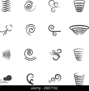 Symbole für Wind und Bewegungsvektor. Set aus Drall- und Wellendarstellung, Wirbel- und Tornadodarstellung Stock Vektor