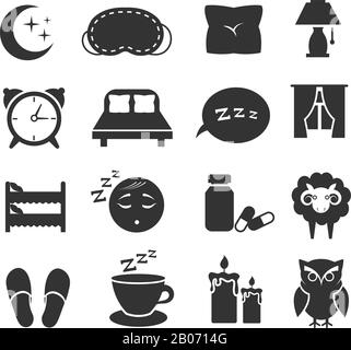 Schlaf, Nachtruhe, Kissen, Bett, Mond, Eule, ZZZ-Vektorsymbole Schlafsymbole. Schlafzimmer für Ruhe, Uhr und Mond mit Sternillustration Stock Vektor