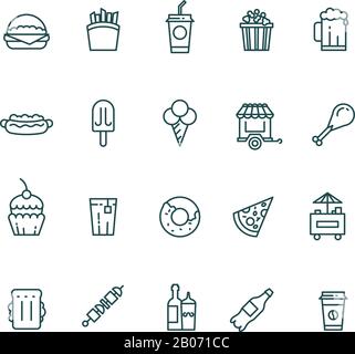 Fast Food und Snack - dünne Linien - Vektorsymbole. Pizza und Hamburger, Kaffee mit Sandwich und Hot-Dog-Illustration Stock Vektor