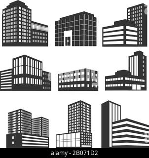 Moderne Geschäftsgebäude schwarze Vektorsymbole isoliert auf weißem Hintergrund. Satz von Wolkenkratzern städtischen Büro-Illustration Stock Vektor