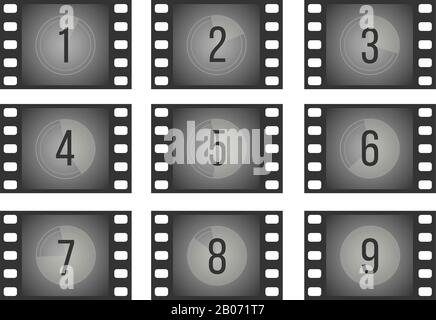 Alte Film-Countdown-Film-Frames mit Zahlenvektor eingestellt. Drehen Sie die Abbildung für die Sequenzzählung um Stock Vektor
