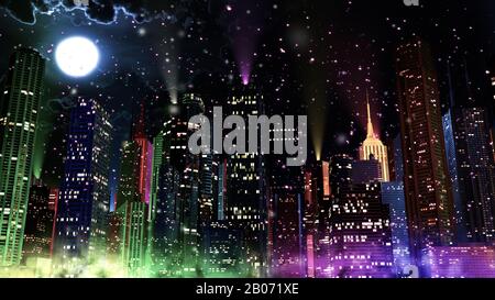 Moderne Stadt Mit Bunten Lichteffekten bei Nacht 3D-Illustration. Konzept für jede große moderne Stadt mit lebendiger Atmosphäre in der Silvesternacht. Stockfoto