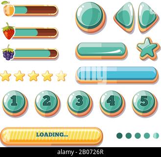 Fortschrittsbalken, Schaltflächen, Booster, Symbole für die Benutzeroberfläche von Computerspielen. Cartoon-gui zum Spielen. Vektorgrafiken Stock Vektor