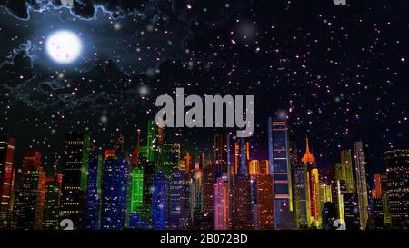 Moderne Stadt Mit Bunten Lichteffekten bei Nacht 3D-Illustration. Konzept für jede große moderne Stadt mit lebendiger Atmosphäre in der Silvesternacht. Stockfoto