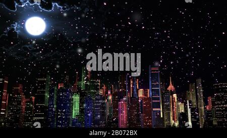 Moderne Stadt Mit Bunten Lichteffekten bei Nacht 3D-Illustration. Konzept für jede große moderne Stadt mit lebendiger Atmosphäre in der Silvesternacht. Stockfoto