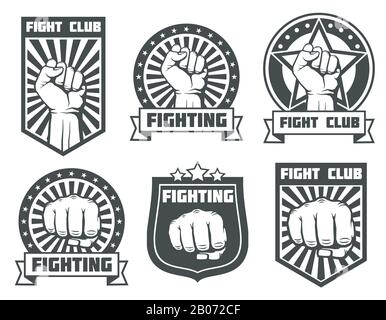 Fight Club mit fersten Vintage-Etiketten, Logos, Emblem-Vektorset. Boxsport, Darstellung des Kickboxlogotyps Stock Vektor