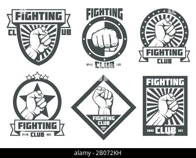 Fighting Club mma lucha libre Vintage Embleme beschriftet Logos mit der Faust des Mannes. Vektorgrafiken Stock Vektor