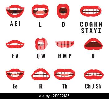 Mund und Lippen des Cartoon-Zeichens werden für die Soundaussprachewiedergabe synchronisiert. Animationsframes für Vektor-Sets. Illustration von Sprechbriefen Stock Vektor