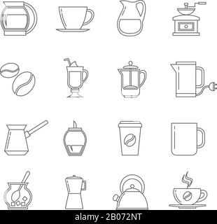 Kaffeehünnige Vektorsymbole festgelegt. Schmackhafte Latte mit Zucker, Heißgetränk in linearer Illustration Stock Vektor