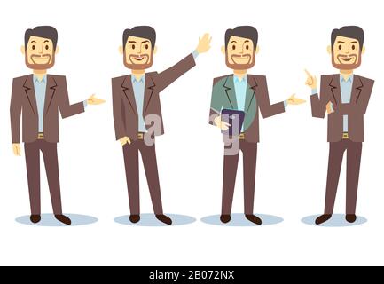 Cartoon-Charakter des Geschäftsmannes in verschiedenen Posen für die Präsentation von Geschäftspräsentationen. Erfolgreicher Mann zeigt und erzählt Illustration Stock Vektor
