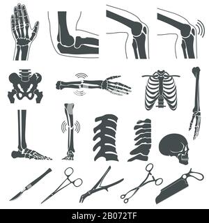 Symbole für orthopädische und Wirbelsäulenvektor schwarz. Symbole für menschliche Knochen. Darstellung von Hand und Bein, Schädel und Gelenkknie Stock Vektor