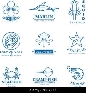 Seafood beschriftet dünne Linienvektor-Etiketten, Logos, Embleme für Restaurant-, Fisch- und Tintenabbildung Stock Vektor