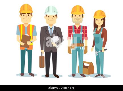 Bauarbeiter Team Vector Builder Characters Gruppe Vorarbeiter Architekt und Investor Illustration Stock Vektor
