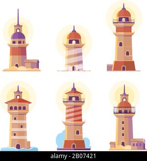 Cartoon Leuchtturm-Vektor Cartoon Icons. See-Beacon für Navigations-Illustration Stock Vektor