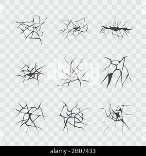 Realistische Wandrisse isoliert auf transparentem kariertem Hintergrund. Beschädigung und Spaltung des Bodens nach der Erdbebendarstellung Stock Vektor