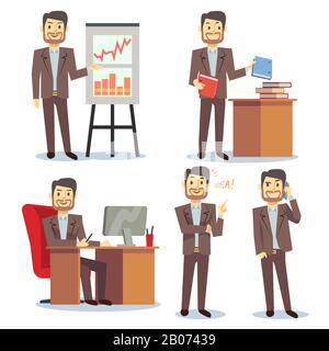Geschäftsmann in verschiedenen Situationen im Büro Vector Business Peoples Cartoon Flat Set. Berater zeigt und zeigt auf die Abbildung des Berichts Stock Vektor