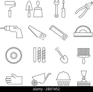 Dünne Konstruktionswerkzeuge, Vektorsymbole für Heimreparaturen, Toolkit-Symbole. In linearer Darstellung mit Trobel und Säge, Helm und Bohrer, Rollen und Schubkarren Stock Vektor