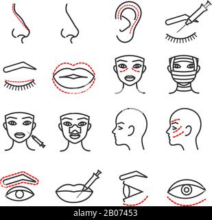 Kosmetische plastische Gesichtschirurgie Vektor dünne Linie Symbole gesetzt. Medizinische Behandlung mit Augen-, Lippen- und Nasenabbildung Stock Vektor