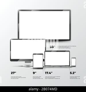 Leerer TV-Bildschirm, Lcd-Monitor, Notebook, Tablet-Computer, Smartphone-Mockups isoliert auf weißem Hintergrund. Computerdesign für elektronische Geräte. Vektorgrafiken Stock Vektor