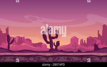 Wilde Cartoon-Landschaft in der Wüste bei Sonnenuntergang mit Kakteen, Hügeln und Bergen. Nahtloser Hintergrund für Computerspiele im Interface. Vektorgrafiken Stock Vektor
