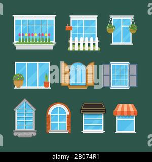 Fenster mit Fenstergesimsungen Vorhänge Blumen Balkone flaches Vektor-Set. Abbildung der Architekturfenster aus Kunststoff Stock Vektor