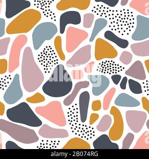 Abstrakte Formen mit nahtlosem Muster Terrazzo-Mosaik-Stil. Zeitgemäß wiederholter Hintergrund weiß pink blau goldene Fragmente. Moderne Collage-Elemente Stock Vektor