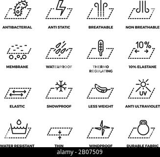 Eigenschaften von Textilerzeugnissen dünne Linien Vektorsymbole. Materialbelüftung und Abdichtung, atmungsaktive und schneesichere Abbildung Stock Vektor