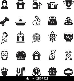 Haustiere schwarze Symbole. Fisch und Hund, Katze und Hamster, Kaninchen und Schildkröte, Vektor-Illustration Stock Vektor