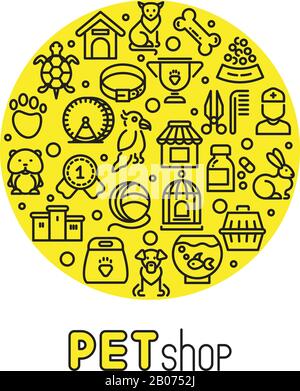 PET Shop und Tierklinik Vector-Logo mit Strichsymbolen von Katzen, Hunden, Tierwaren. Linearer Zwinger und Aquarium zur Darstellung von Haustieren Stock Vektor
